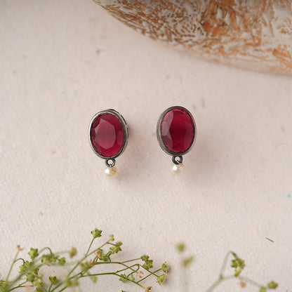 Boond- Silver Brass Stone-Studded stud earrings(Red)