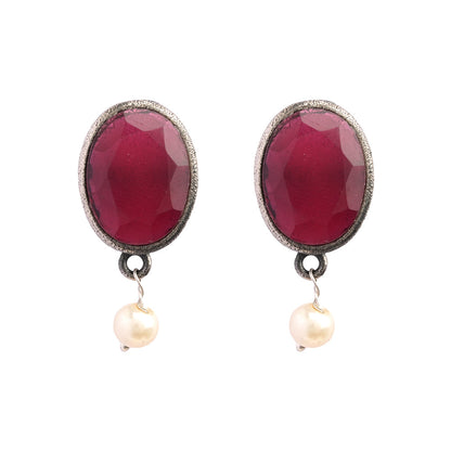 Boond- Silver Brass Stone-Studded stud earrings(Red)