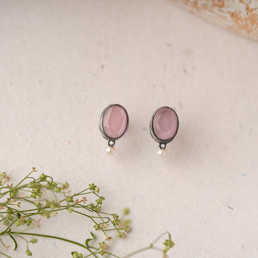Boond- Silver Brass Stone Studded stud earrings(Baby Pink)