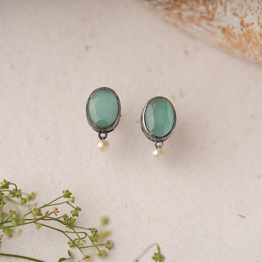Boond- Silver Brass Stone Studded stud earrings(Mint)