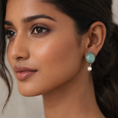 Boond- Silver Brass Stone-Studded stud earrings(Mint)
