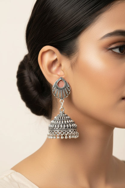 Noorani – Silver Brass Oxidised Jhumka Earrings