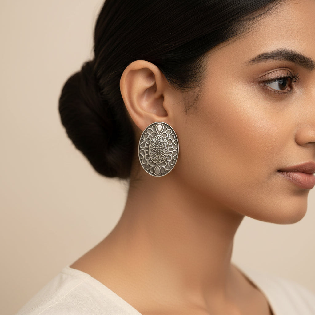 Chandrika- Silver Brass Oxidised Stud Earrings