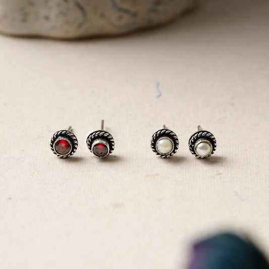 Ratna- Combo of Silver Brass Oxidised stud Earrings