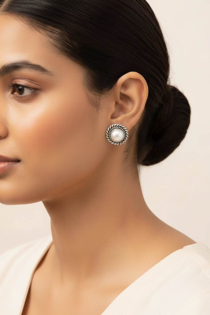 Ratna- Combo of Silver Brass Oxidised stud Earrings