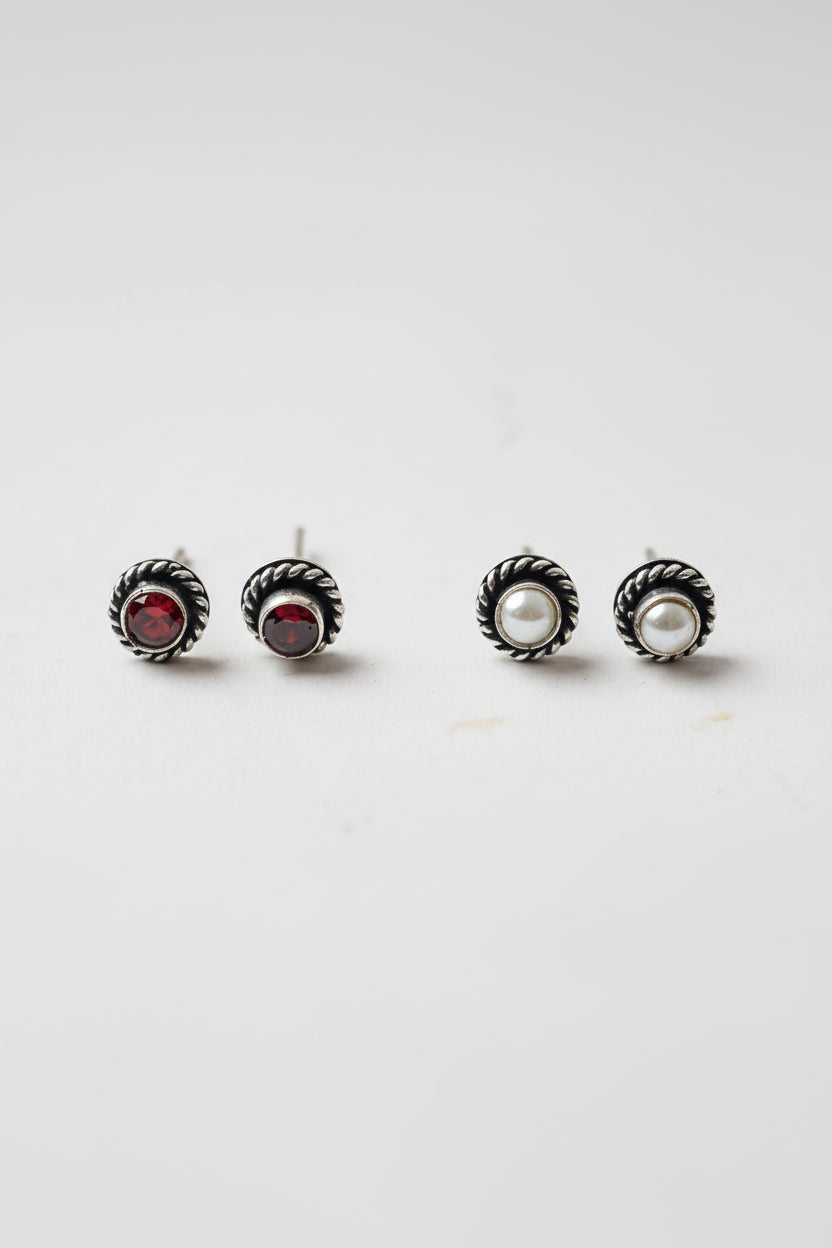 Ratna- Combo of Silver Brass Oxidised stud Earrings