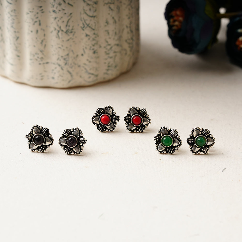 Kanmani- Combo of Silver Brass Oxidised stud Earrings
