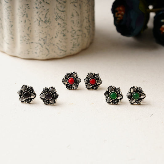 Kanmani- Combo of Silver Brass Oxidised stud Earrings