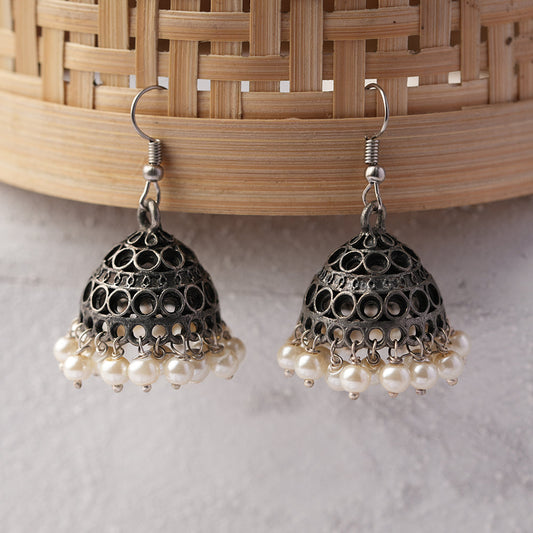 Chandni- Silver Brass Oxidised Jhumka Earrings