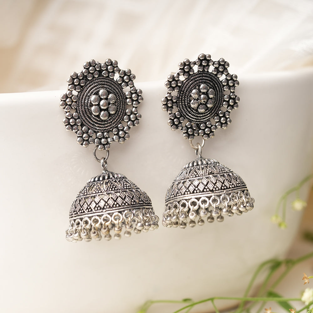 Pushkar- Silver Brass Oxidised Jhumka Earrings