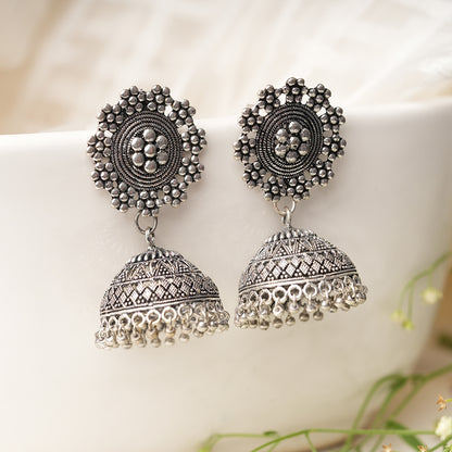 Pushkar- Silver Brass Oxidised Jhumka Earrings