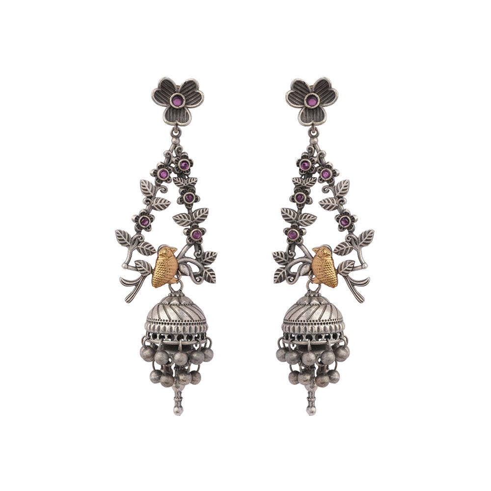 Phulvaari- Silver Brass Oxidised Stone-Studded Dangler Earrings