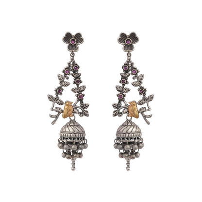 Phulvaari- Silver Brass Oxidised Stone-Studded Dangler Earrings