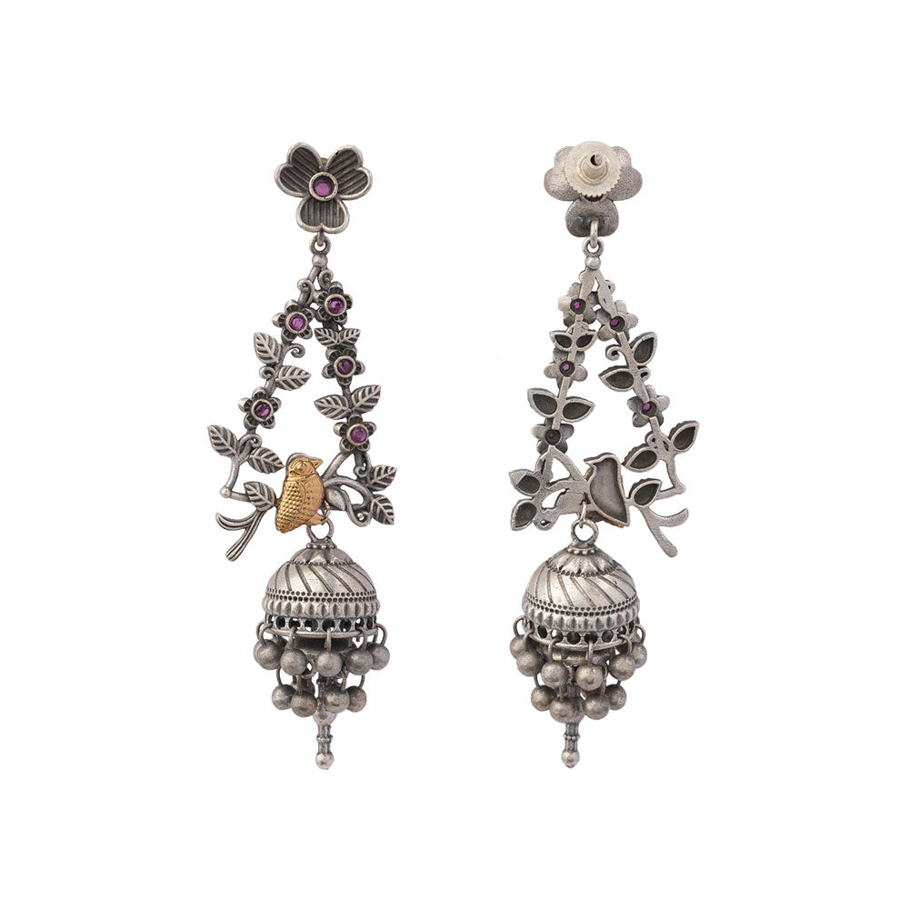 Phulvaari- Silver Brass Oxidised Stone-Studded Dangler Earrings
