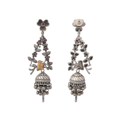 Phulvaari- Silver Brass Oxidised Stone-Studded Dangler Earrings