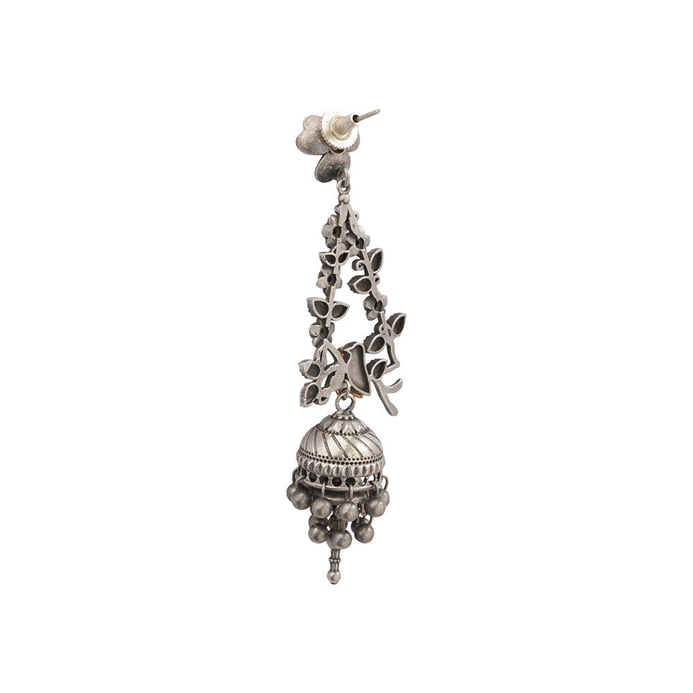 Phulvaari- Silver Brass Oxidised Stone-Studded Dangler Earrings