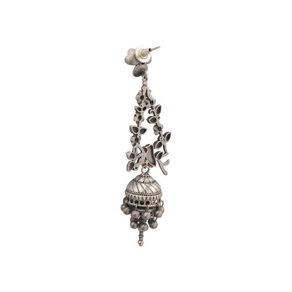 Phulvaari- Silver Brass Oxidised Stone-Studded Dangler Earrings