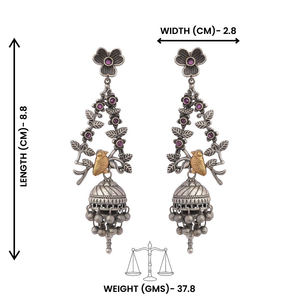 Phulvaari- Silver Brass Oxidised Stone-Studded Dangler Earrings