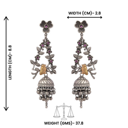 Phulvaari- Silver Brass Oxidised Stone-Studded Dangler Earrings