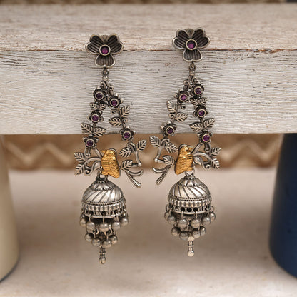 Phulvaari- Silver Brass Oxidised Stone-Studded Dangler Earrings