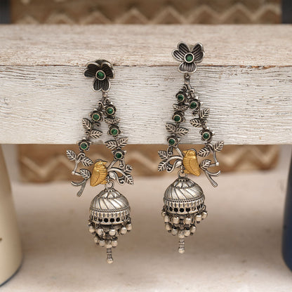 Phulvaari- Silver Brass Oxidised Stone-Studded Dangler Earrings