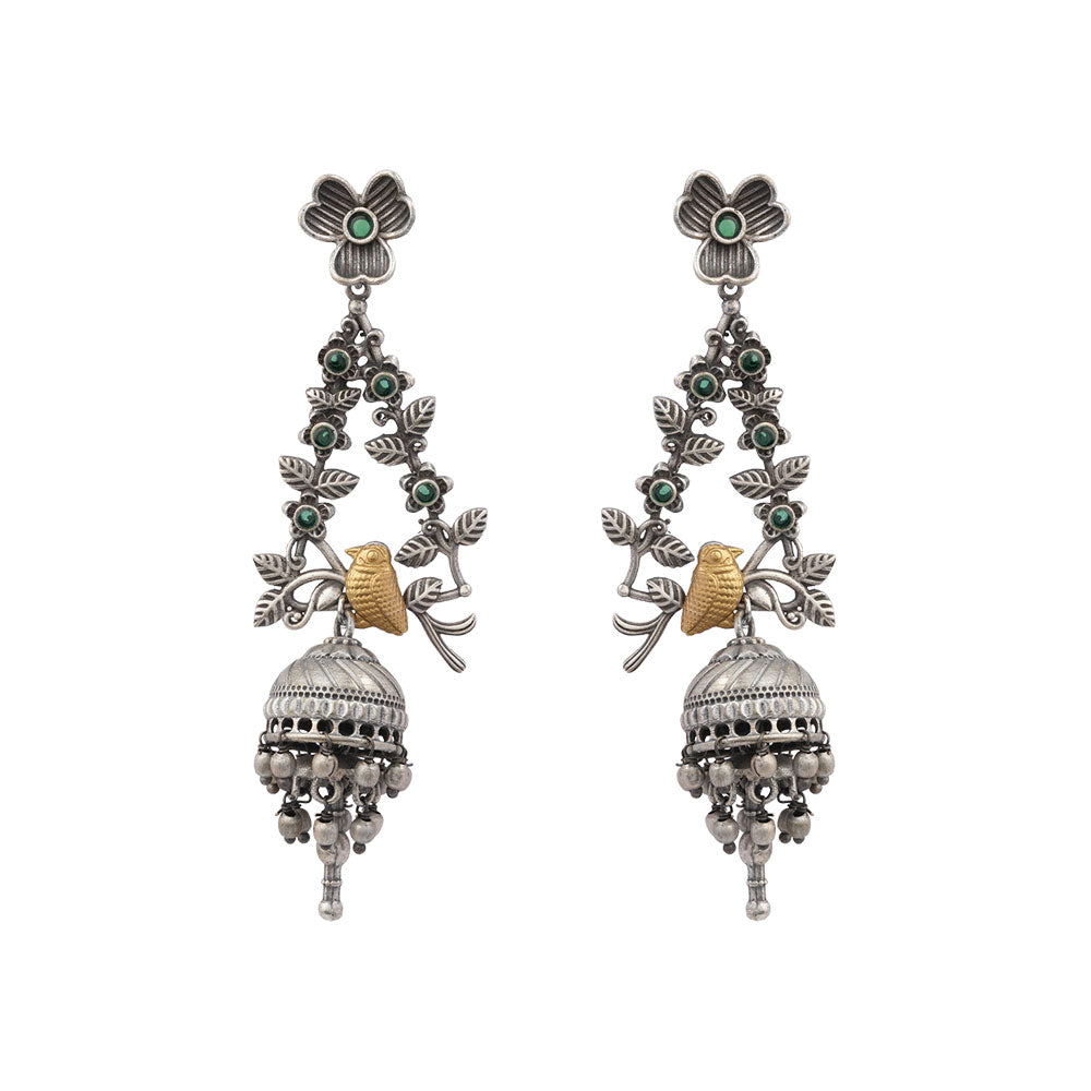 Phulvaari- Silver Brass Oxidised Stone-Studded Dangler Earrings