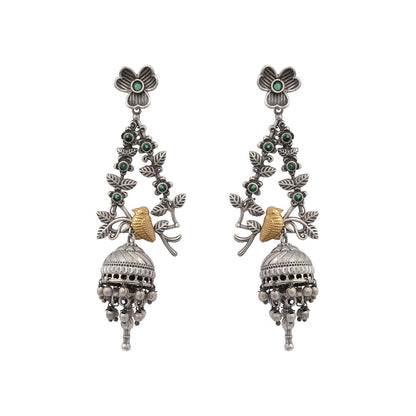 Phulvaari- Silver Brass Oxidised Stone-Studded Dangler Earrings