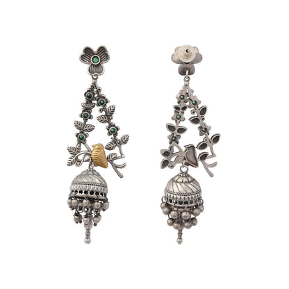 Phulvaari- Silver Brass Oxidised Stone-Studded Dangler Earrings