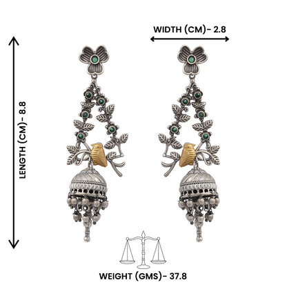 Phulvaari- Silver Brass Oxidised Stone-Studded Dangler Earrings