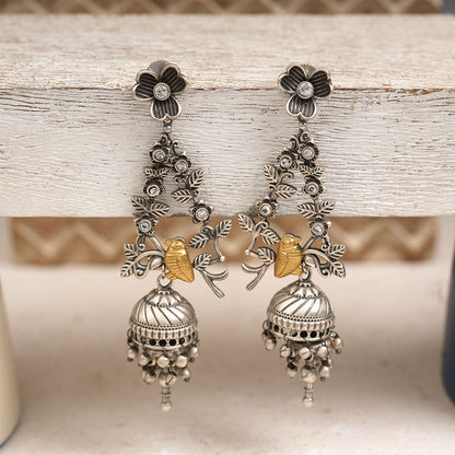 Phulvaari- Silver Brass Oxidised Stone-Studded Dangler Earrings
