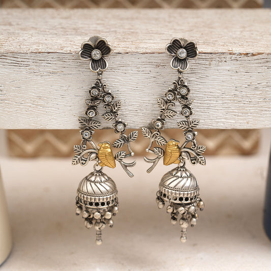 Phulvaari- Silver Brass Oxidised Stone-Studded Dangler Earrings