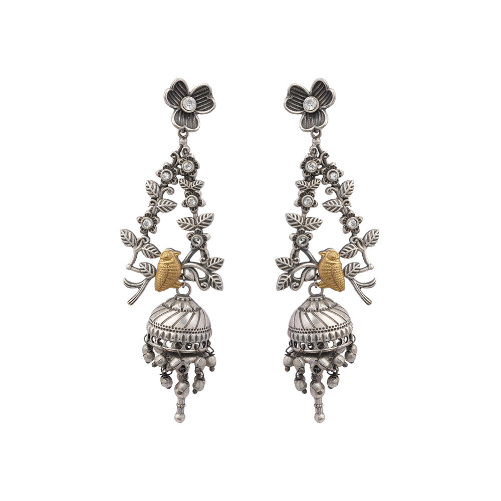 Phulvaari- Silver Brass Oxidised Stone-Studded Dangler Earrings