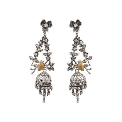 Phulvaari- Silver Brass Oxidised Stone-Studded Dangler Earrings