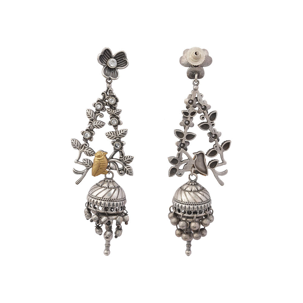 Phulvaari- Silver Brass Oxidised Stone-Studded Dangler Earrings