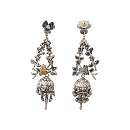 Phulvaari- Silver Brass Oxidised Stone-Studded Dangler Earrings