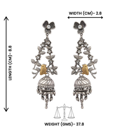 Phulvaari- Silver Brass Oxidised Stone-Studded Dangler Earrings
