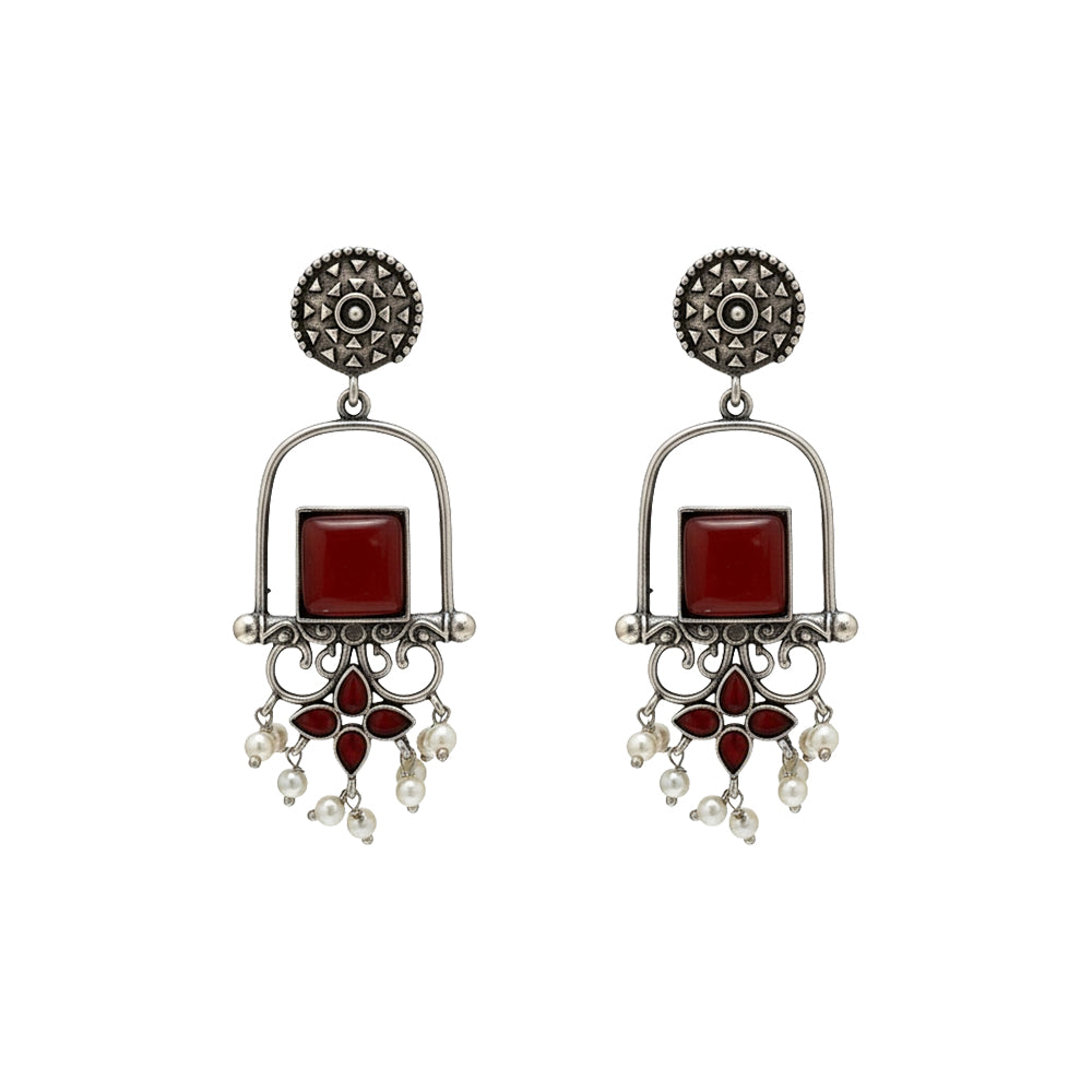 Meherab- Silver Brass Oxidised Stone-Studded Dngler Earrings (Red)