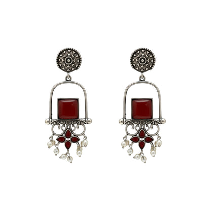 Meherab- Silver Brass Oxidised Stone-Studded Dngler Earrings (Red)