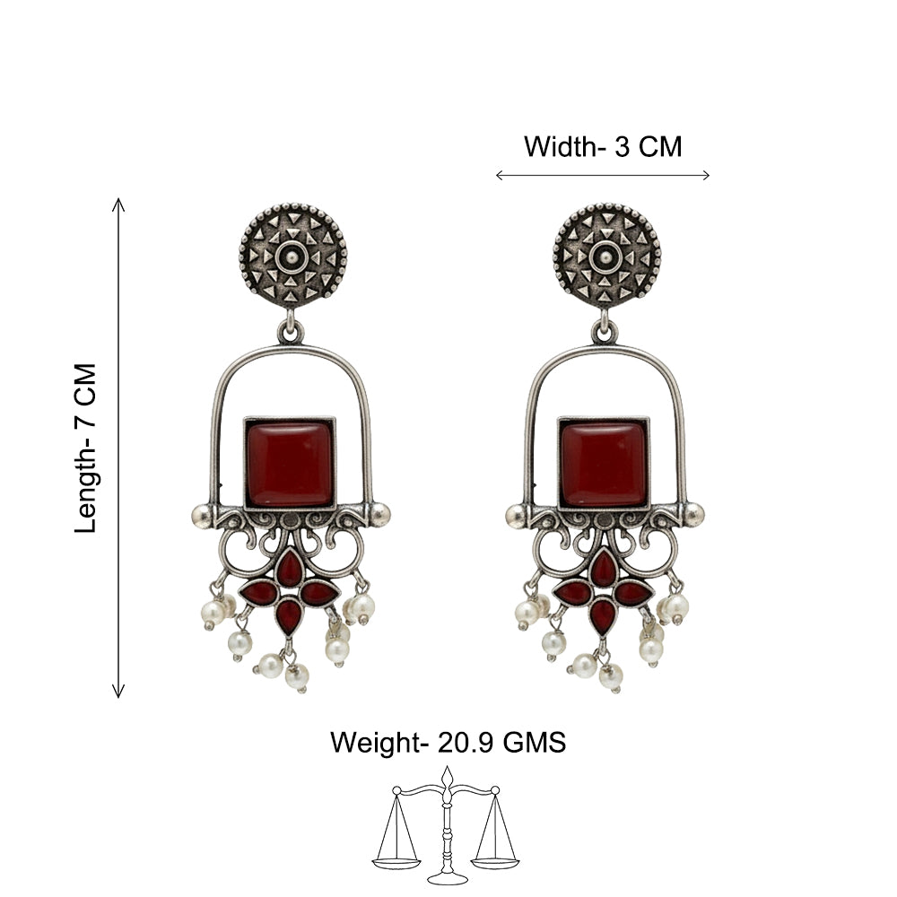 Meherab- Silver Brass Oxidised Stone-Studded Dngler Earrings (Red)