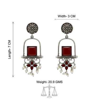 Meherab- Silver Brass Oxidised Stone-Studded Dngler Earrings (Red)