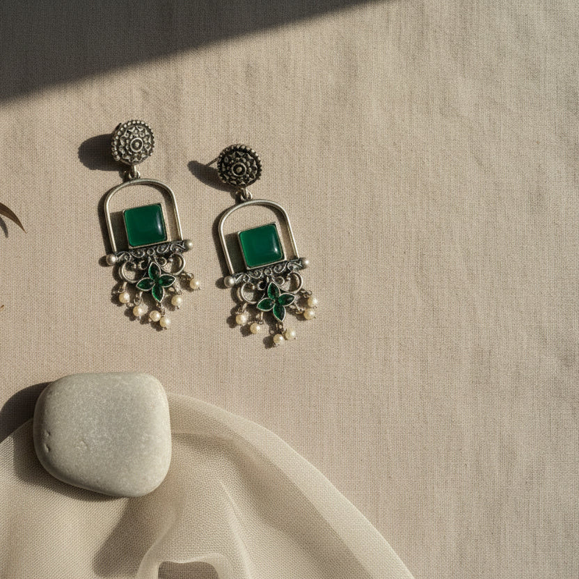Meherab- Silver Brass Oxidised Stone-Studded Dngler Earrings (Green)