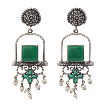 Meherab- Silver Brass Oxidised Stone-Studded Dngler Earrings (Green)