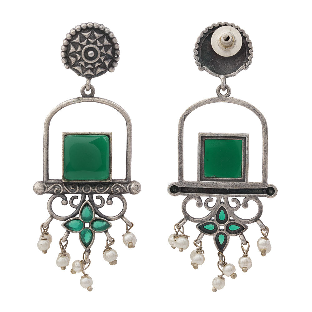 Meherab- Silver Brass Oxidised Stone-Studded Dngler Earrings (Green)