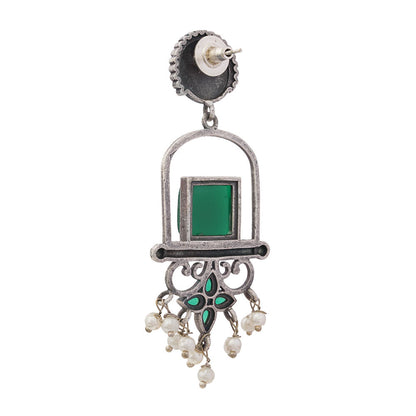Meherab- Silver Brass Oxidised Stone-Studded Dngler Earrings (Green)