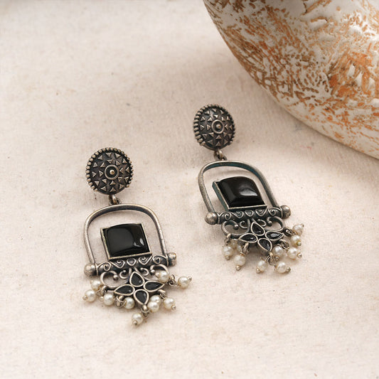 Meherab- Silver Brass Oxidised Stone-Studded Dngler Earrings (Black)