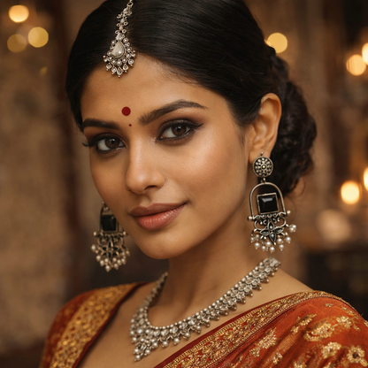 Meherab- Silver Brass Oxidised Stone-Studded Dngler Earrings (Black)