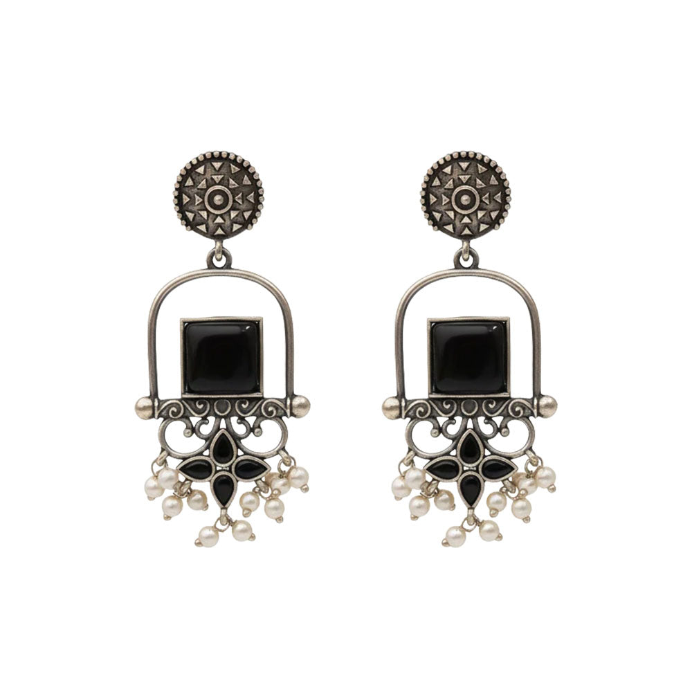 Meherab- Silver Brass Oxidised Stone-Studded Dngler Earrings (Black)