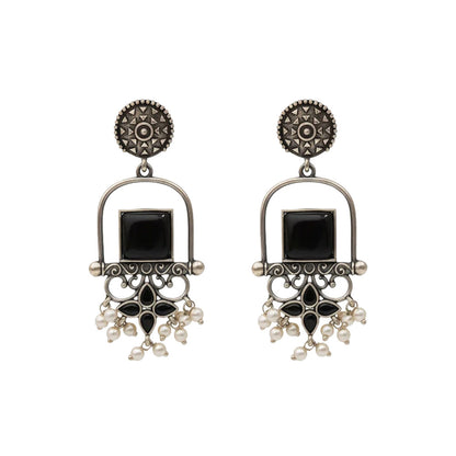 Meherab- Silver Brass Oxidised Stone-Studded Dngler Earrings (Black)
