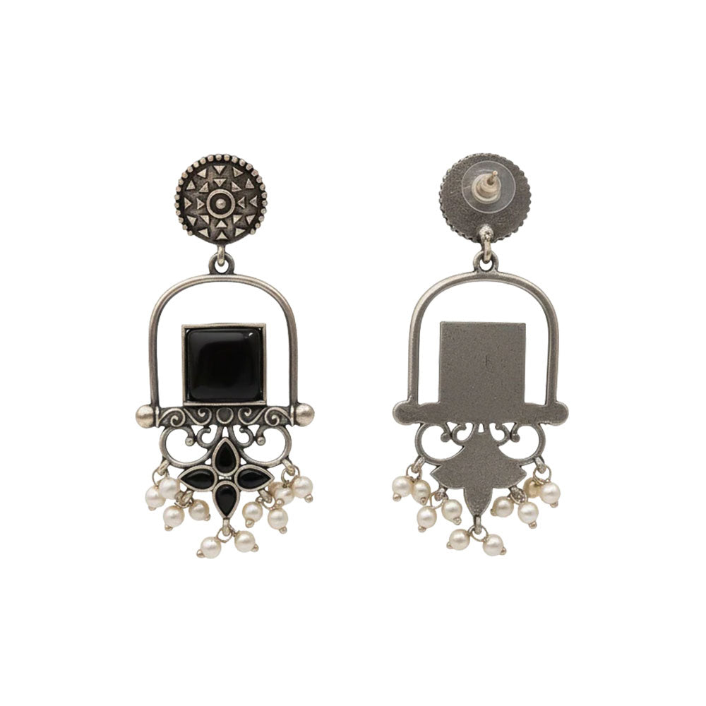 Meherab- Silver Brass Oxidised Stone-Studded Dngler Earrings (Black)