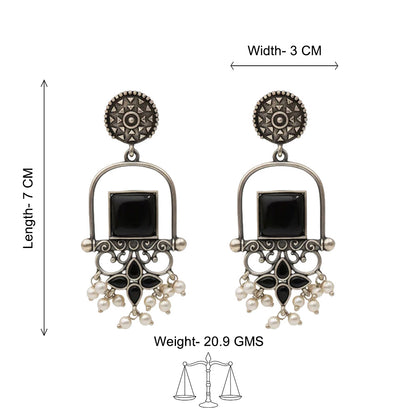 Meherab- Silver Brass Oxidised Stone-Studded Dngler Earrings (Black)